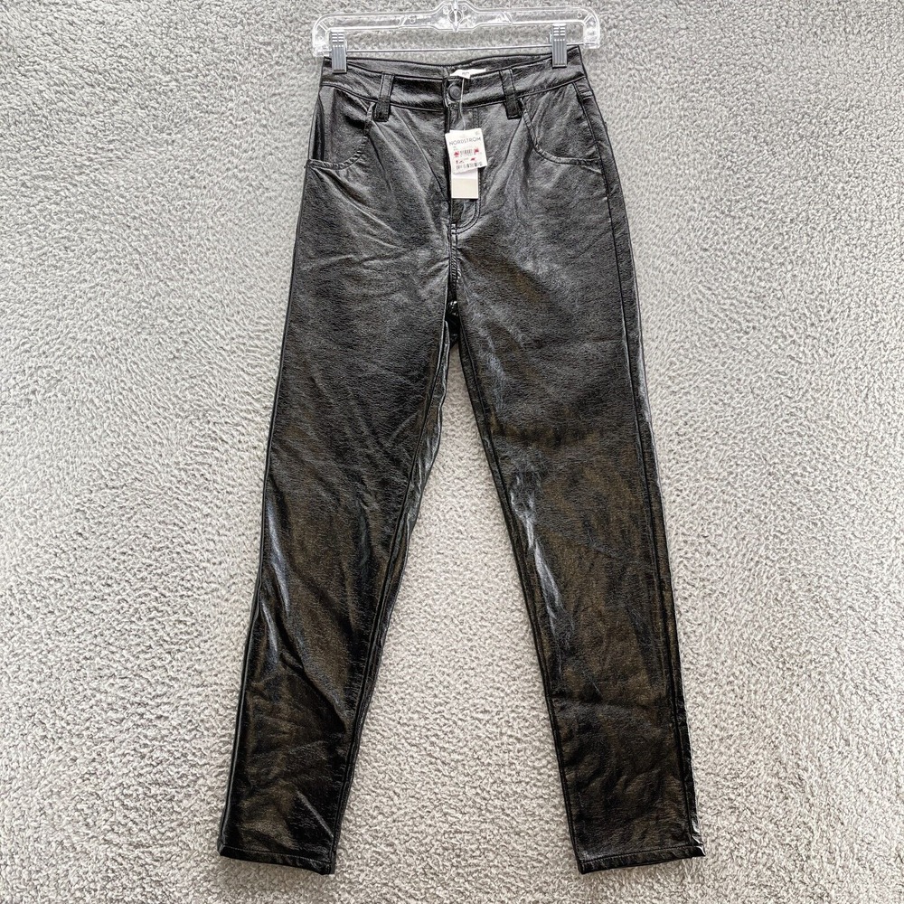 BP Pants Womens 26‎ Black Fuax Pleather  Button Shiny New